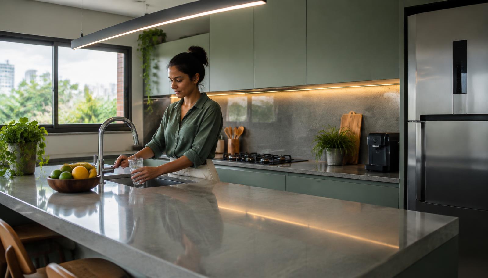 Moradora abrindo a torneira em cozinha com iluminação LED eficiente
